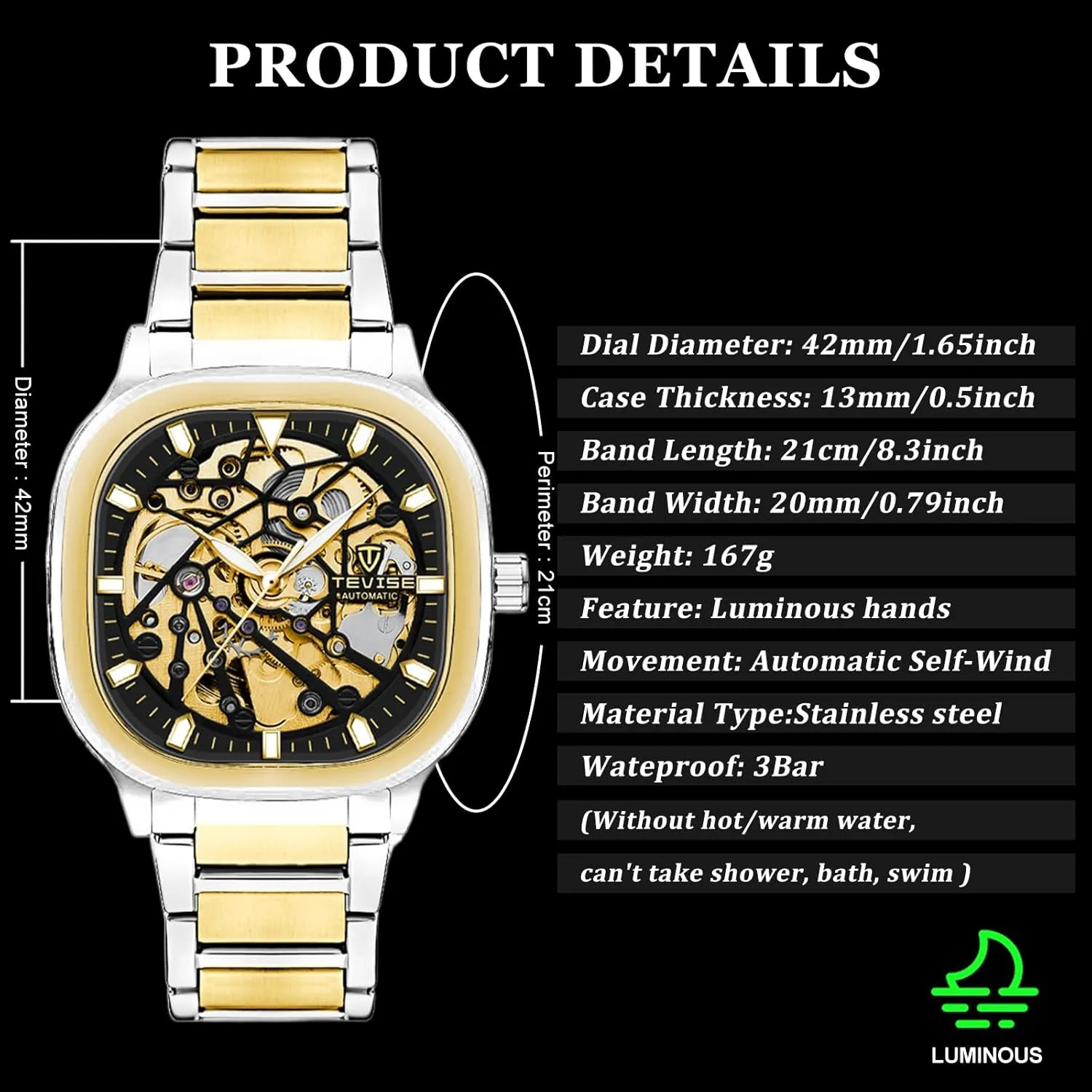 Square Dial Skeleton Luminous Wristwatch Waterproof Mechanical Watch hare disguise keen crystal instead for Men Business Stainless Steel Automatic Watches 