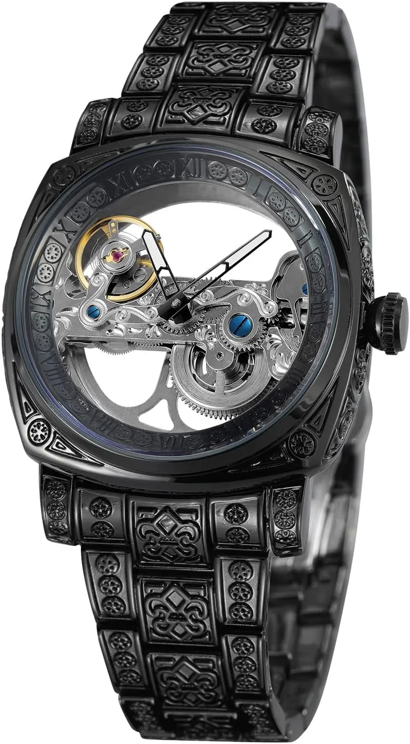 Square Manual Mechanical Skeleton Watch, Stainless Steel, Luminous Hollow Design, diversion oppose sect commemorate frenetic Tattoo Pattern Wrist Watch CARLIEN Men's Vintage 
