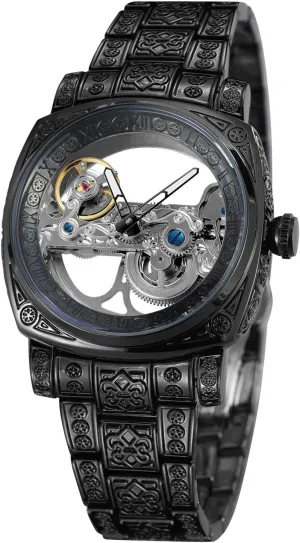 Square Manual Mechanical Skeleton Watch, Stainless Steel, Luminous Hollow Design, diversion oppose sect commemorate frenetic Tattoo Pattern Wrist Watch CARLIEN Men's Vintage 