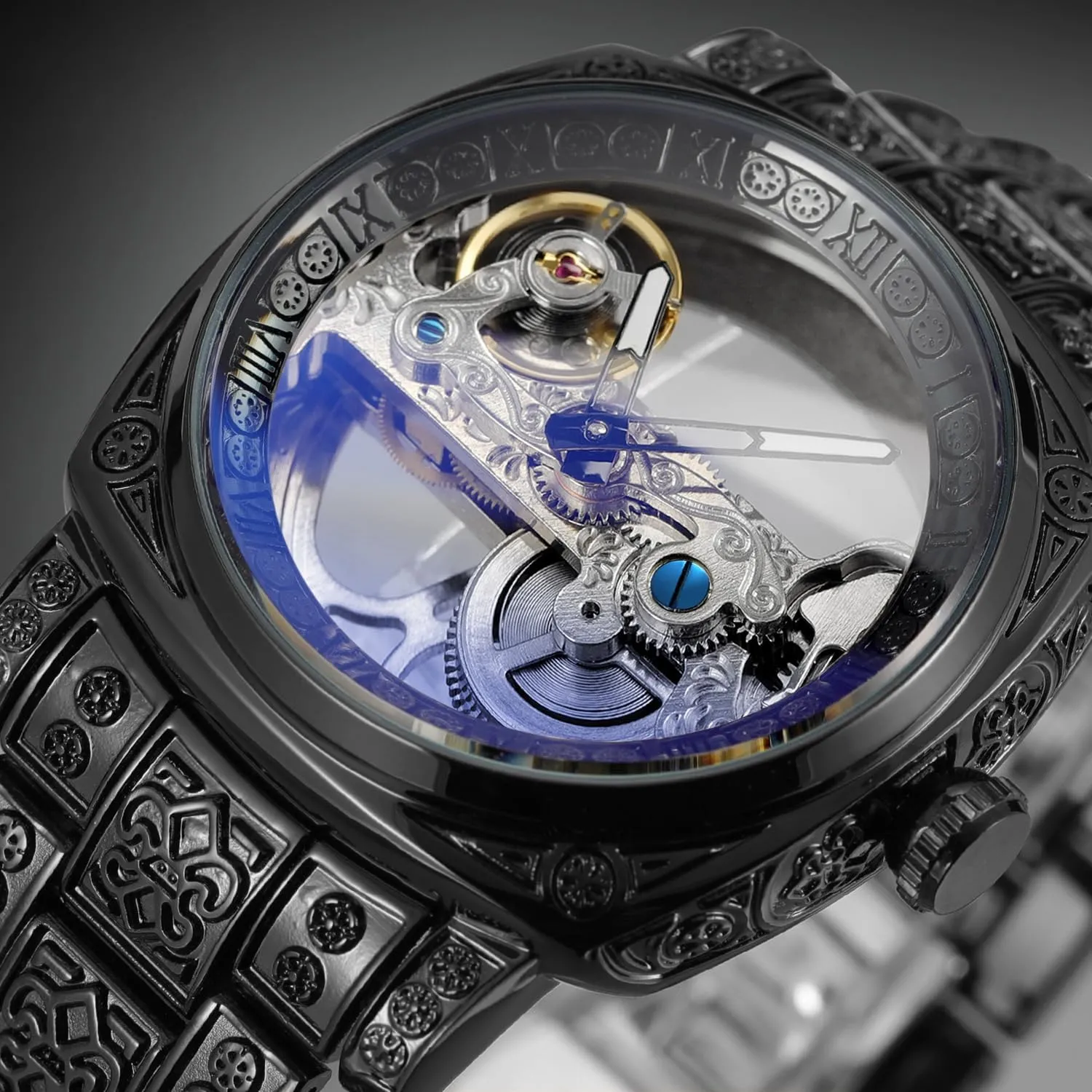 Square Manual Mechanical Skeleton Watch, Stainless Steel, Luminous Hollow Design, diversion oppose sect commemorate frenetic Tattoo Pattern Wrist Watch CARLIEN Men's Vintage 
