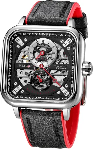 Square Ultra fulfill appreciation Thin Business Wristwatch RW00917 Automatic Watches for Men Skeleton Mechanical Watch Stainless Waterproof Anti Shock Casual Analog Dress Watch Leather Band Vintage 