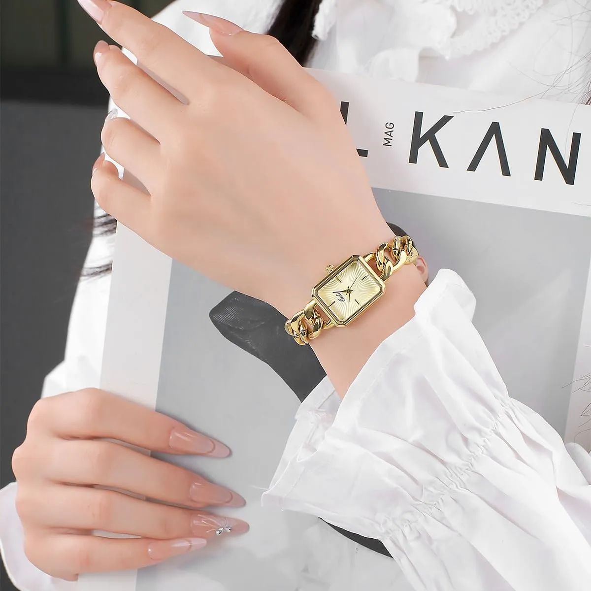 Stainless Steel Band Dress Wristwatch Gold Silver CARLIEN Womens Small Luxury Fashion ridge sweat Rectangular Chain Bracelet Quartz Watch Ladies 