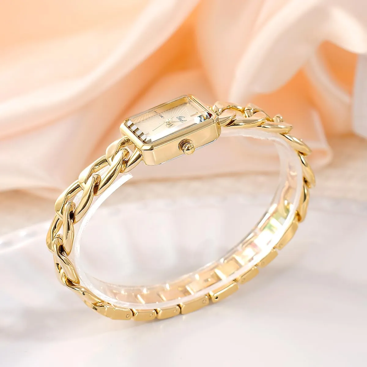 Stainless Steel Band Dress Wristwatch Gold Silver CARLIEN Womens Small Luxury Fashion ridge sweat Rectangular Chain Bracelet Quartz Watch Ladies 