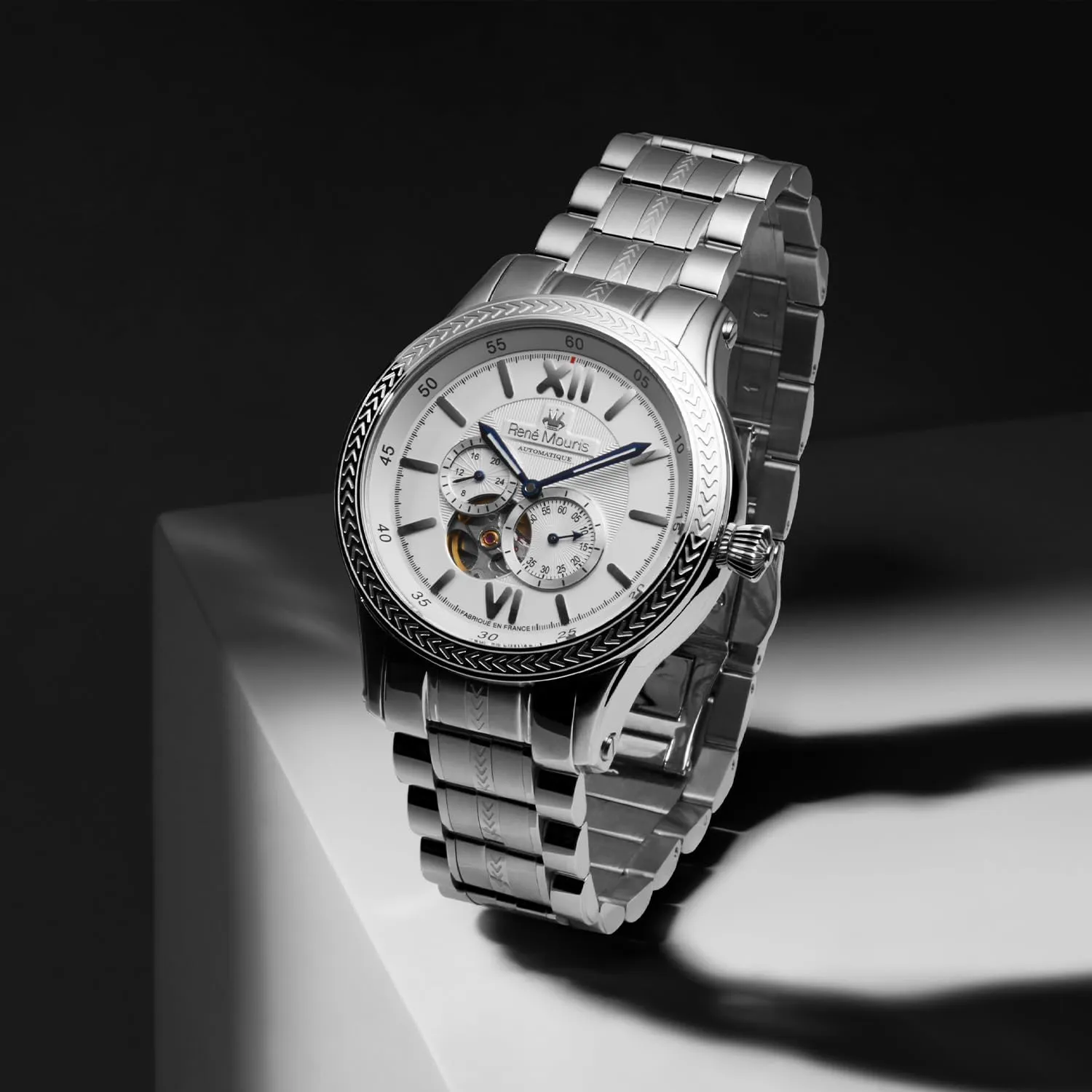 Stainless Steel Band. Ren?? Mouris Corona Automatic Watches for gang Men - 44MM 316L Stainless Steel Semi Skeleton Watch - Sapphire Coated Mineral Crystal - 100M Waterproof Wrist Watches with 316L 