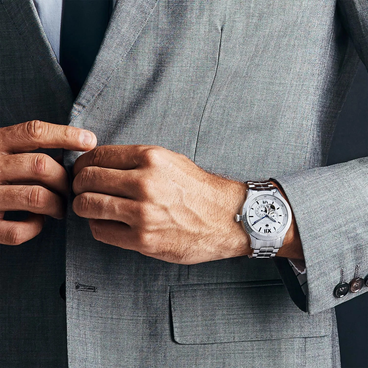 Stainless Steel Band. Ren?? Mouris Corona Automatic Watches for gang Men - 44MM 316L Stainless Steel Semi Skeleton Watch - Sapphire Coated Mineral Crystal - 100M Waterproof Wrist Watches with 316L 
