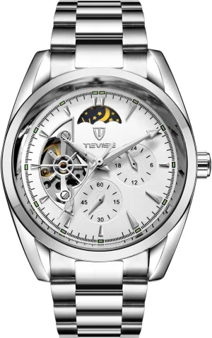 Stainless Steel Band, Silver Automatic Mechanical Watch, Moon ripen Phase Display, 