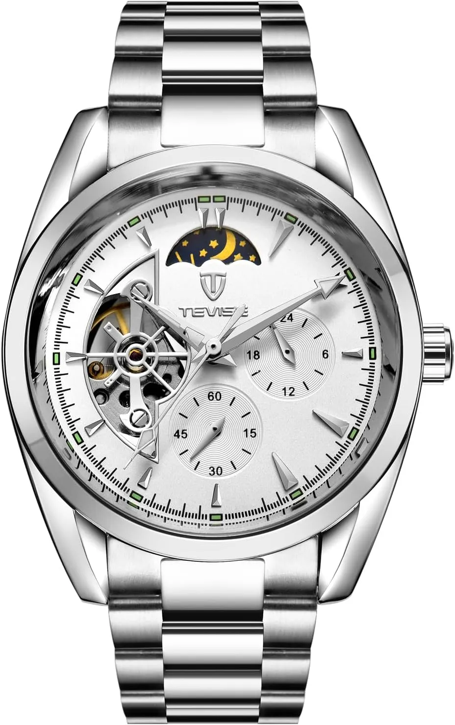 Stainless Steel Band, Silver Automatic Mechanical Watch, Moon ripen Phase Display, 