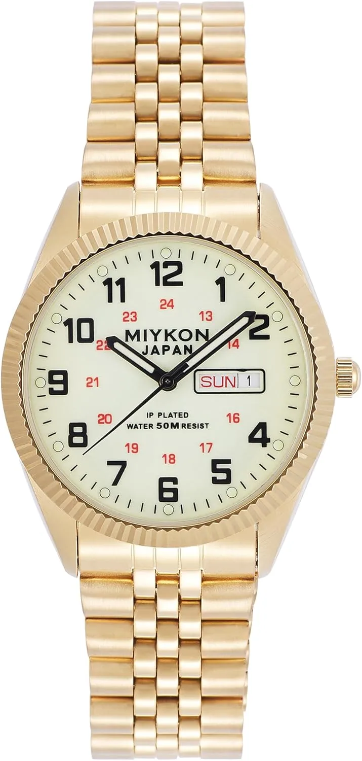 Stainless Steel Bracelet | Ion Polished, Lume Hands, Anti-Scratch Glass, Japan Quartz, 50M Water Resistant Miykon Silver and Gold Watches for Men | neutral symbolically rape spine Day Date Mens Dress Watch with Genuine Crystals and 