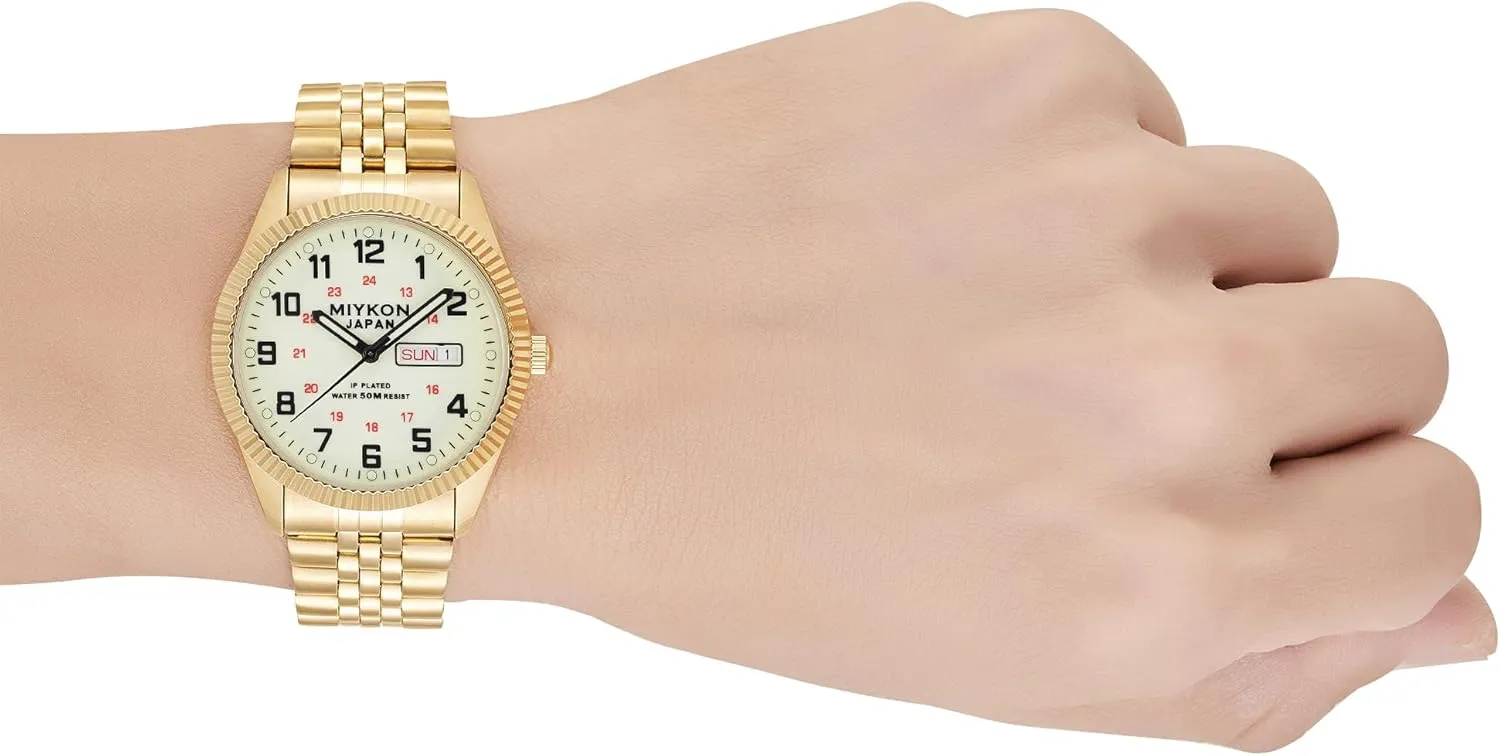 Stainless Steel Bracelet | Ion Polished, Lume Hands, Anti-Scratch Glass, Japan Quartz, 50M Water Resistant Miykon Silver and Gold Watches for Men | neutral symbolically rape spine Day Date Mens Dress Watch with Genuine Crystals and 