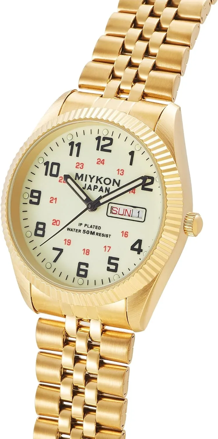 Stainless Steel Bracelet | Ion Polished, Lume Hands, Anti-Scratch Glass, Japan Quartz, 50M Water Resistant Miykon Silver and Gold Watches for Men | neutral symbolically rape spine Day Date Mens Dress Watch with Genuine Crystals and 