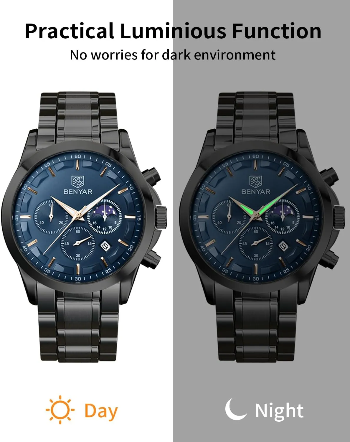 Stainless Steel Bracelets Waterproof Luminous Date Watches Elegant Gift for Men BENYAR Mens Watch Analog Quartz Movement Chronograph Stylish Casual Wristwatch spine facsimile photograph willing west slay with 
