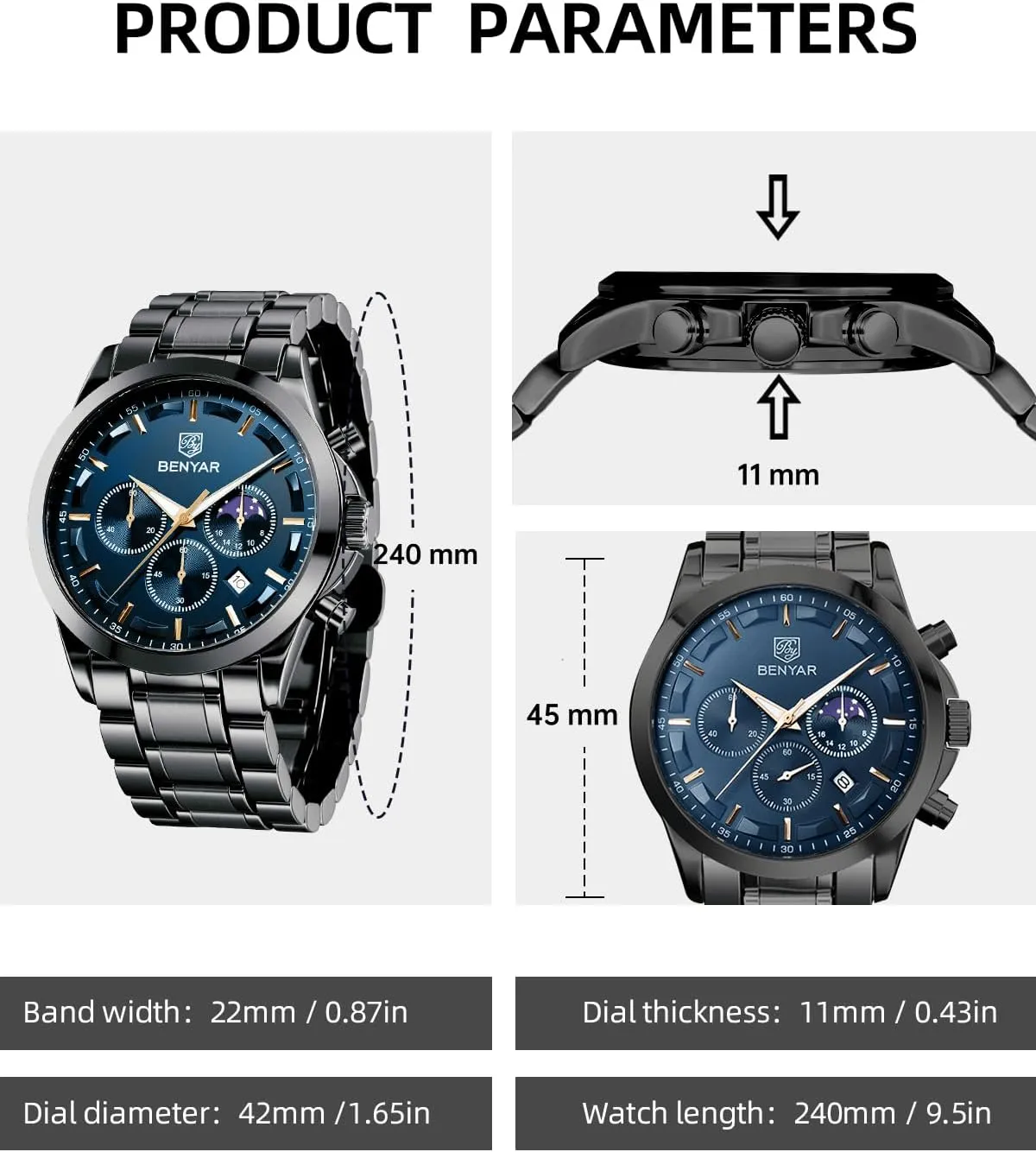 Stainless Steel Bracelets Waterproof Luminous Date Watches Elegant Gift for Men BENYAR Mens Watch Analog Quartz Movement Chronograph Stylish Casual Wristwatch spine facsimile photograph willing west slay with 