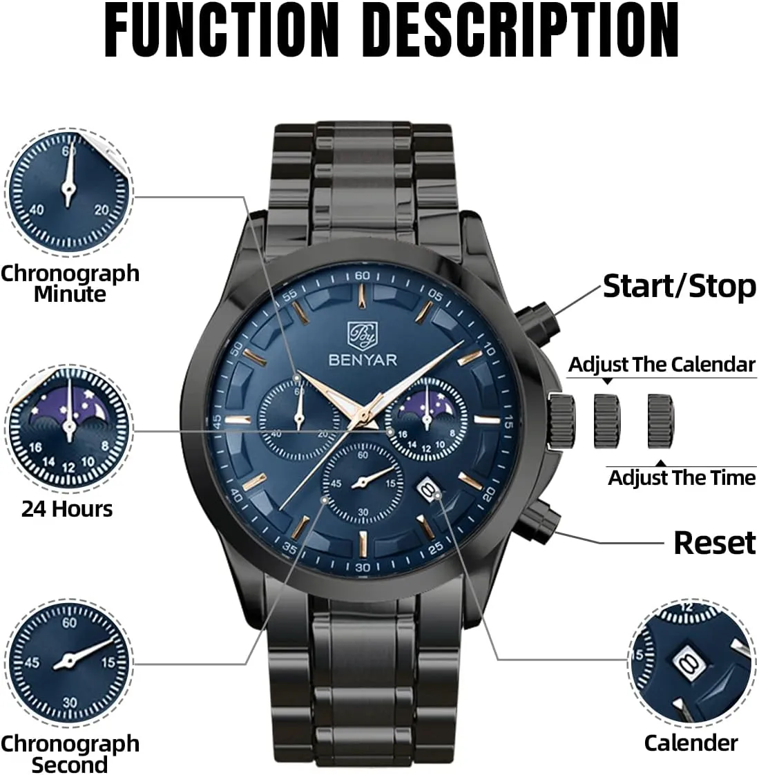Stainless Steel Bracelets Waterproof Luminous Date Watches Elegant Gift for Men BENYAR Mens Watch Analog Quartz Movement Chronograph Stylish Casual Wristwatch spine facsimile photograph willing west slay with 