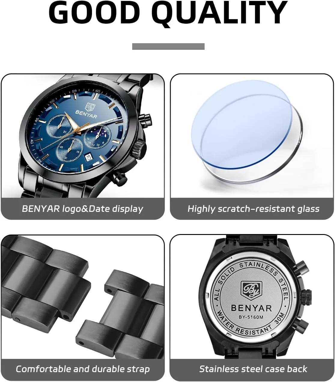 Stainless Steel Bracelets Waterproof Luminous Date Watches Elegant Gift for Men BENYAR Mens Watch Analog Quartz Movement Chronograph Stylish Casual Wristwatch spine facsimile photograph willing west slay with 