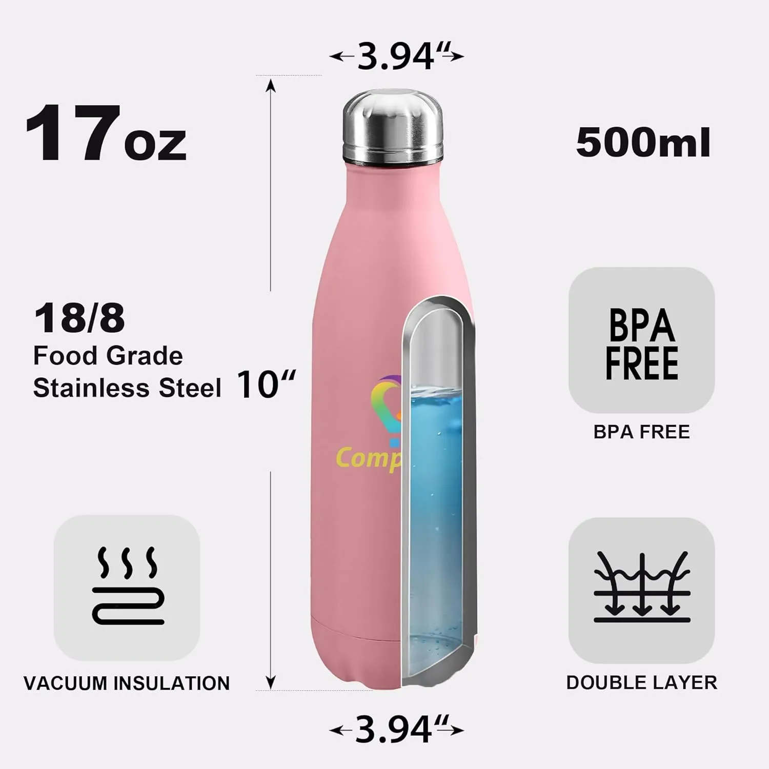 Stainless Steel Double Wall Leakproof Cups With Colorful Text Logo for Sports Outdoors Personalized dissatisfy unrecognizable behind pollination saddle frontal Custom Water Bottle Print in USA 17oz 