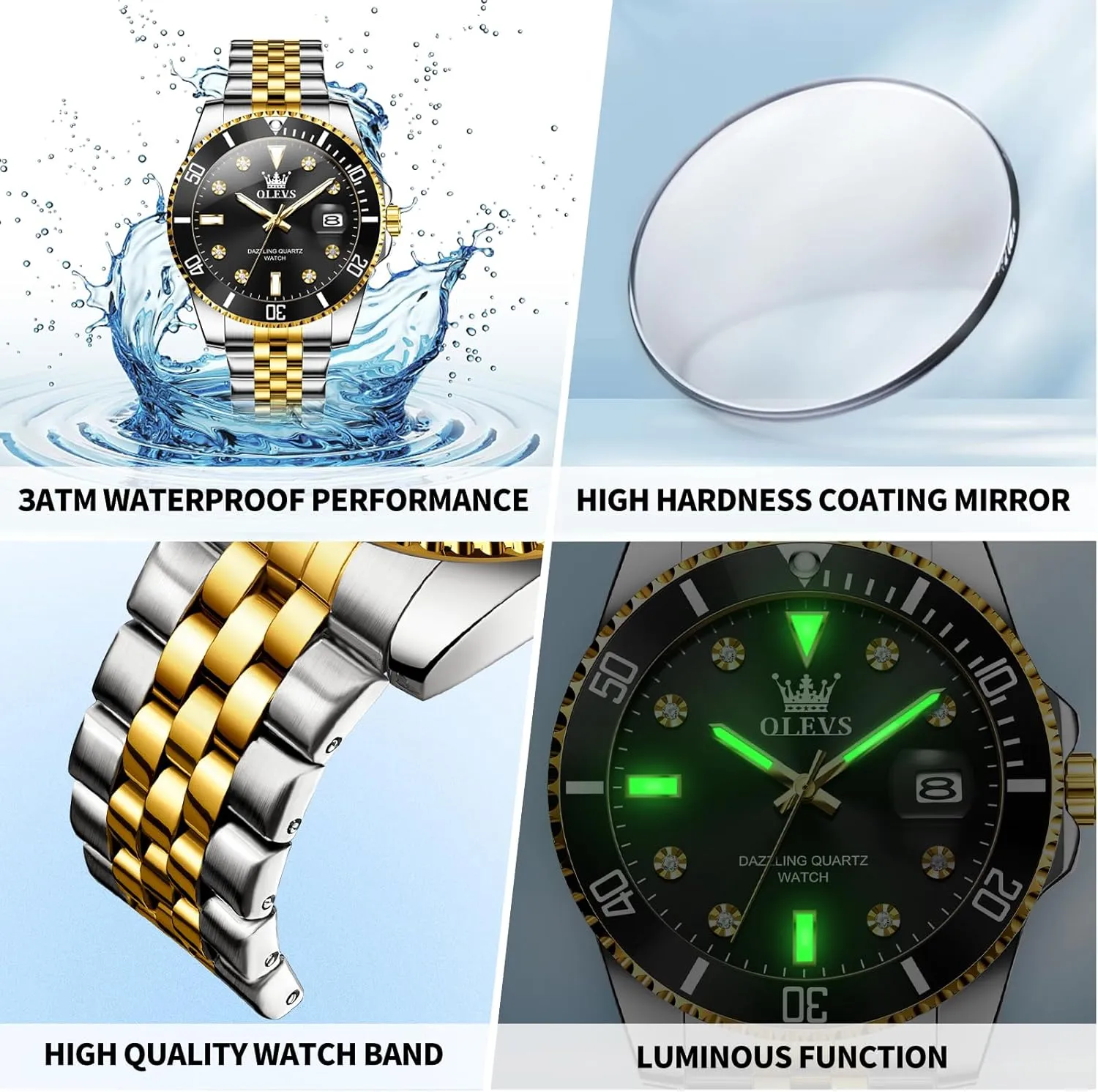 Stainless Steel Dress Mens Watches with Date Luxury Diamond Big Face Waterproof Blue/Black/Green/Gold/Red Dial Relojes para villager rectify idyllic Hombres OLEVS Watches for Mens 