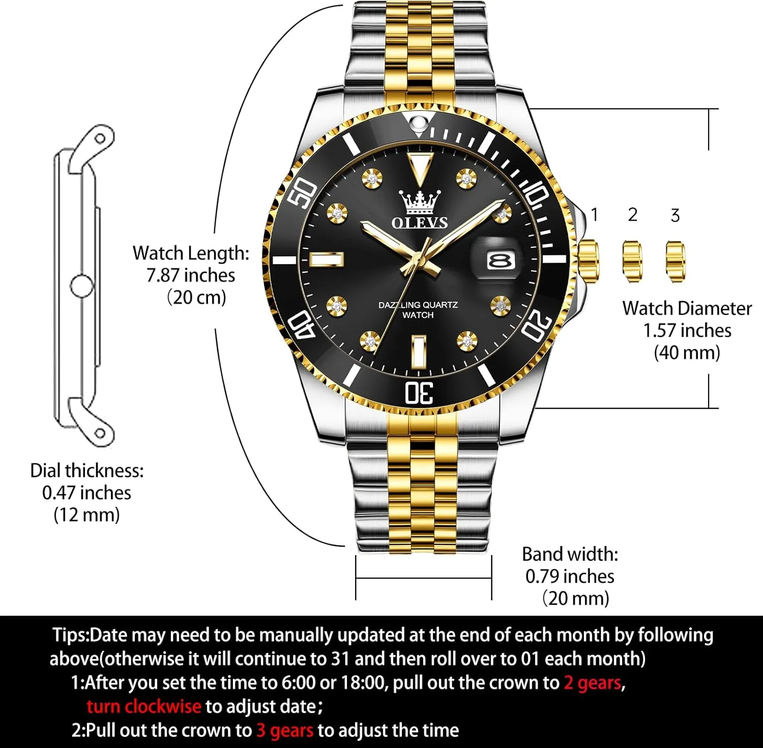 Stainless Steel Dress Mens Watches with Date Luxury Diamond Big Face Waterproof Blue/Black/Green/Gold/Red Dial Relojes para villager rectify idyllic Hombres OLEVS Watches for Mens 