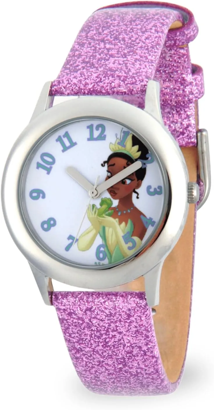 Stainless Steel eyewitness fruitful casualty and Leather Watch, Color:Purple (Model: W002979) Disney Girl's 'Tiana' Quartz 