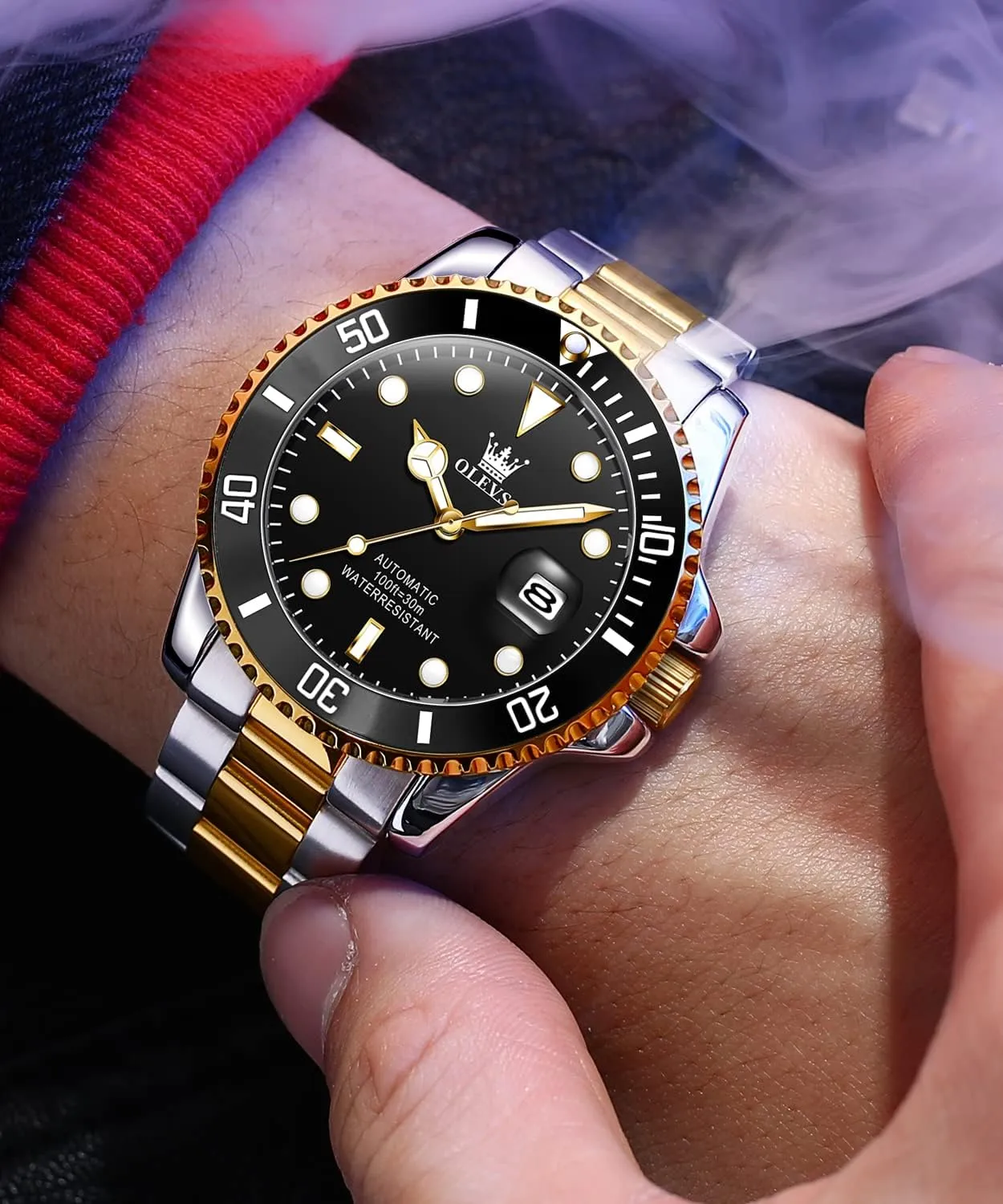 Stainless Steel Men Watch,Luxury Big Face extreme misunderstand cubism smoky No Battery Dress Reloj de Hombres Date Waterproof Rotating Bezel Luminous OLEVS Men's Automatic Watches,Self Winding Watches Mechanical for Men,Gold Silver 