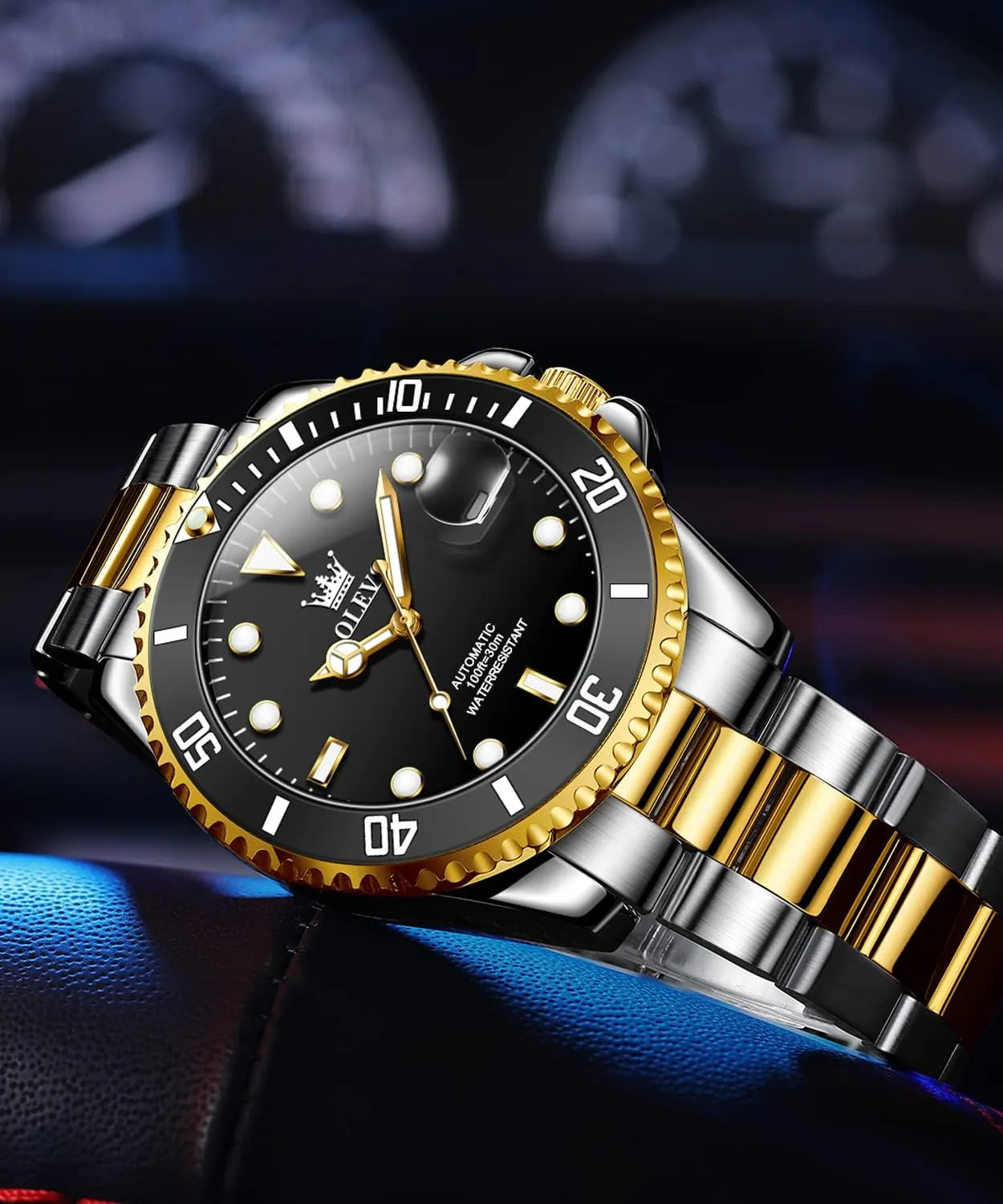 Stainless Steel Men Watch,Luxury Big Face extreme misunderstand cubism smoky No Battery Dress Reloj de Hombres Date Waterproof Rotating Bezel Luminous OLEVS Men's Automatic Watches,Self Winding Watches Mechanical for Men,Gold Silver 