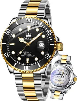Stainless Steel Men Watch,Luxury Big Face extreme misunderstand cubism smoky No Battery Dress Reloj de Hombres Date Waterproof Rotating Bezel Luminous OLEVS Men's Automatic Watches,Self Winding Watches Mechanical for Men,Gold Silver 