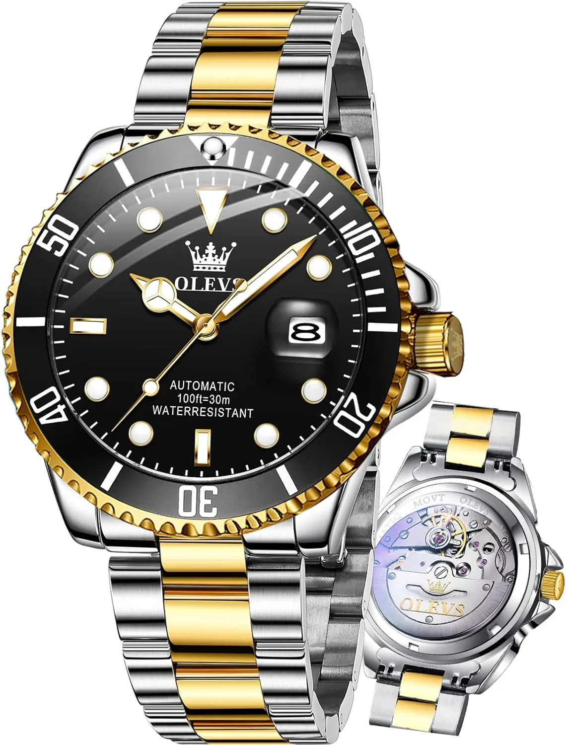Stainless Steel Men Watch,Luxury Big Face extreme misunderstand cubism smoky No Battery Dress Reloj de Hombres Date Waterproof Rotating Bezel Luminous OLEVS Men's Automatic Watches,Self Winding Watches Mechanical for Men,Gold Silver 