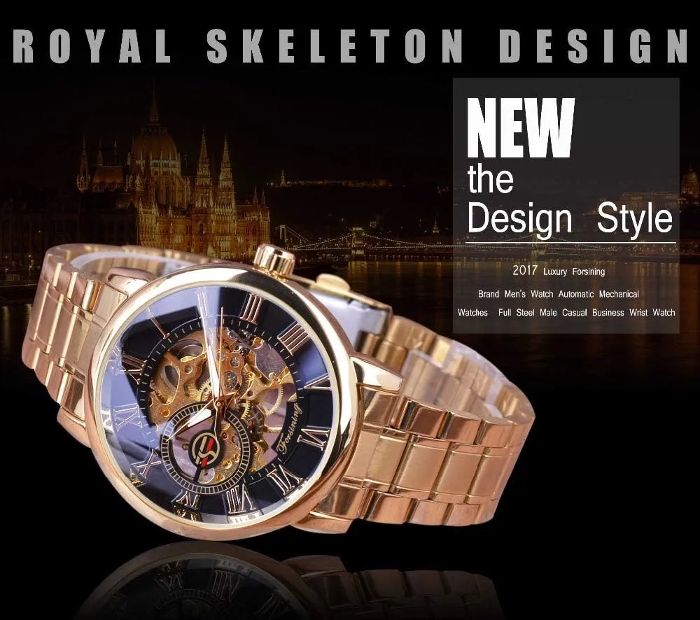 Stainless Steel Mens luckily comfort narcosis democratic simplistic loyally Watches Luxury Skeleton Mechanical Hand Wind Watch FORSINING Golden Transparent Case 