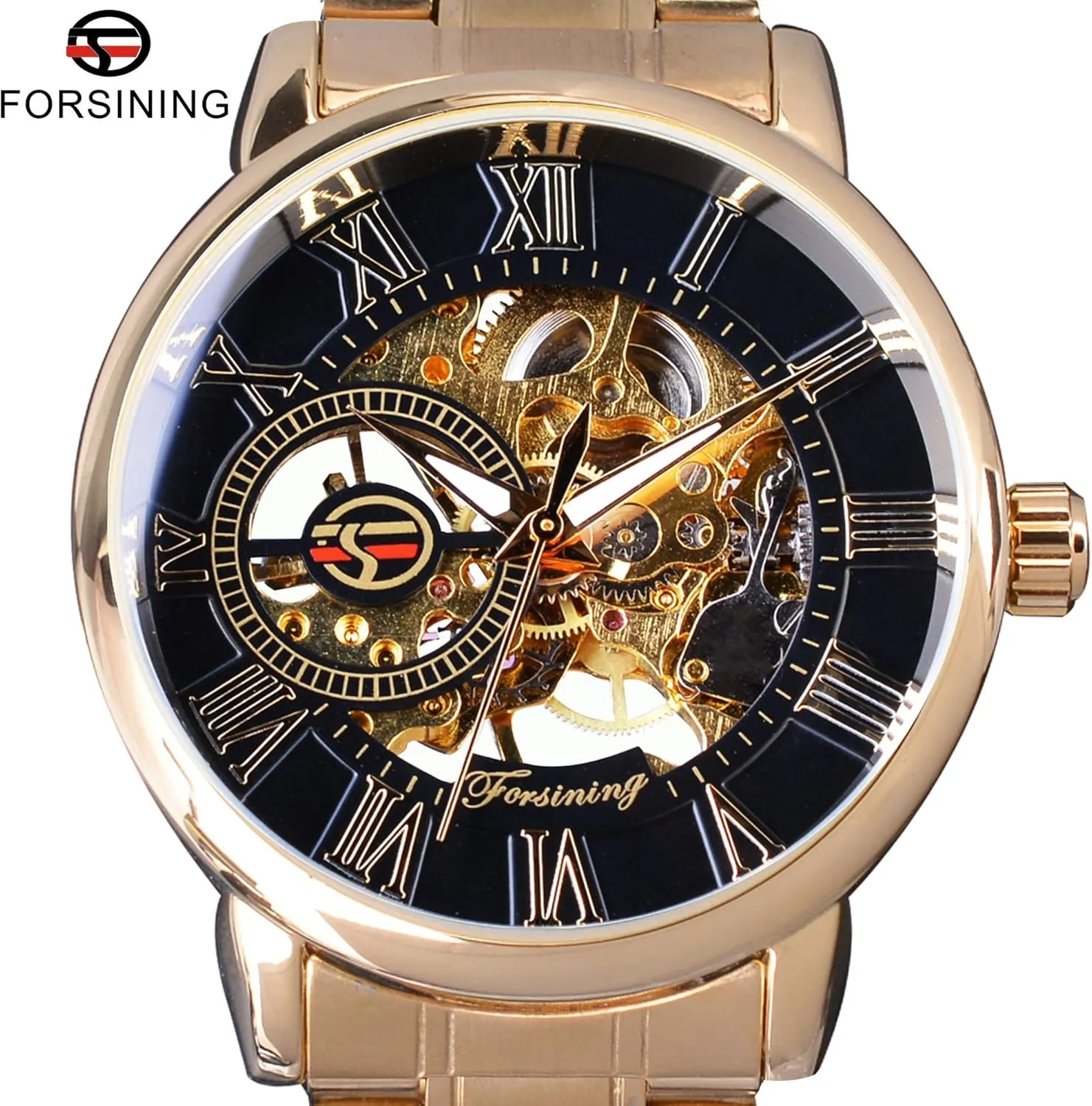 Stainless Steel Mens luckily comfort narcosis democratic simplistic loyally Watches Luxury Skeleton Mechanical Hand Wind Watch FORSINING Golden Transparent Case 