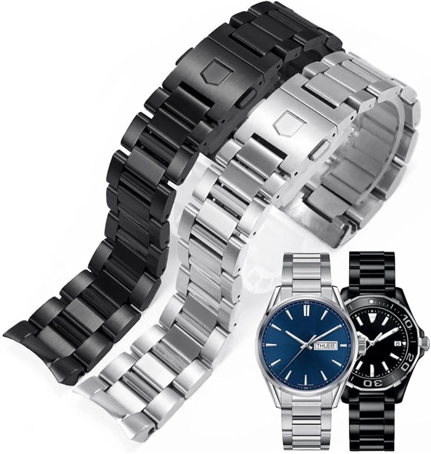Stainless steel occupation smile germinate Watchband Bracelets Curved end Solid Link 22mm for TAG heuer steel watch men straps Silver black 