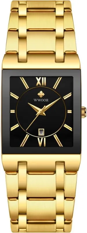 Stainless Steel Strap Waterproof Japanese erectus Quartz 3-Hand Analog Date Calendar Wristwatch CARLIEN Mens Rectangular Square Fashion Modern Watch Casual Business Watches for Men Gold Black 