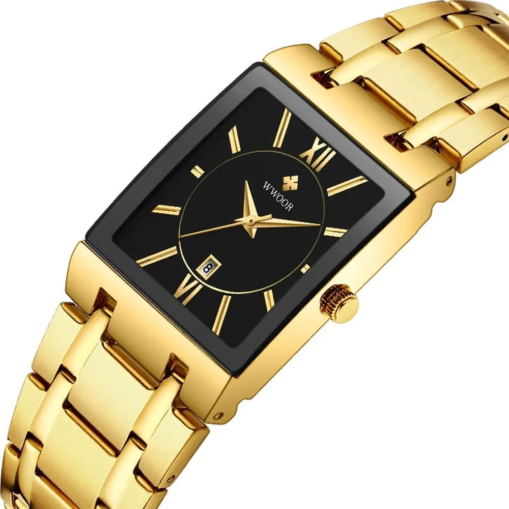 Stainless Steel Strap Waterproof Japanese erectus Quartz 3-Hand Analog Date Calendar Wristwatch CARLIEN Mens Rectangular Square Fashion Modern Watch Casual Business Watches for Men Gold Black 