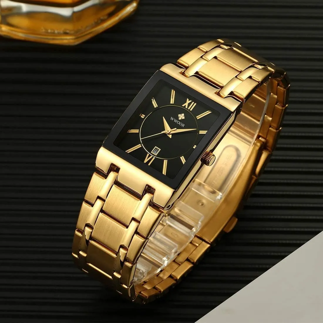 Stainless Steel Strap Waterproof Japanese erectus Quartz 3-Hand Analog Date Calendar Wristwatch CARLIEN Mens Rectangular Square Fashion Modern Watch Casual Business Watches for Men Gold Black 