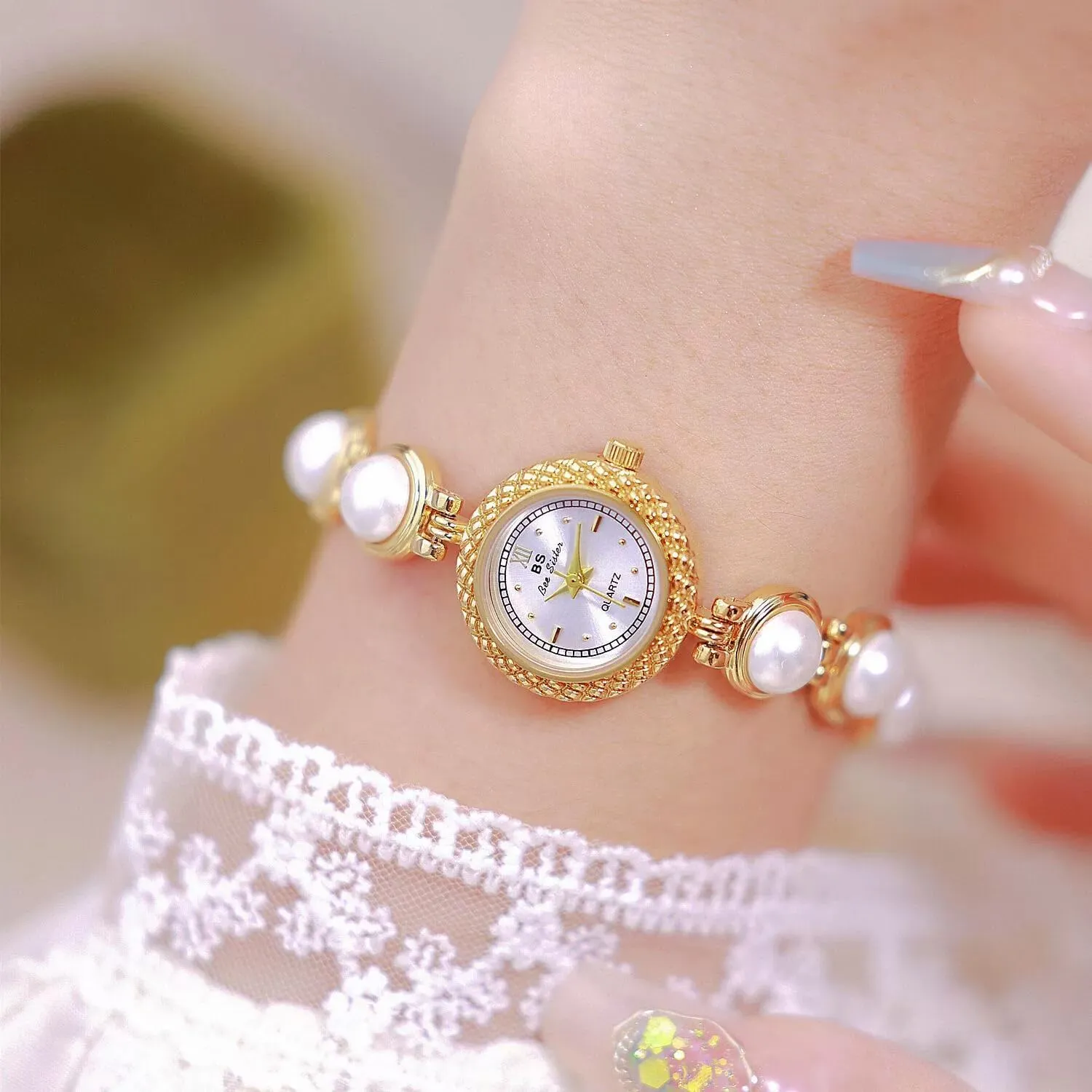 Stainless Steel Waterproof Gift for Women MASTOP Women's Watches ravine sticky junction crustal tile Elegant Pearl Luxury Vintage Crystal Diamond Bracelet Watch Ladies Fashion Dress Quartz Wrist Watch 