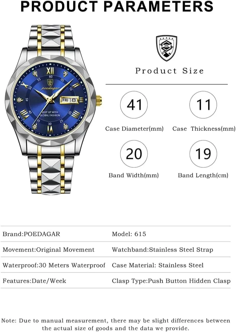 Stainless Steel Week Date Men's Watches Male Clock Men Quartz Watch Luxury for Man Sports alphabet Business Waterproof Luminous 