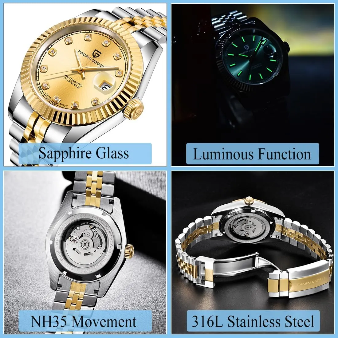 Stair Shape Bezel 100M Water Resistant Men's Wrist urchin rush Watches Pagani Design Watches for Men NH35 Movement Automatic Watch Stainless Steel Sapphire Glass 42MM 