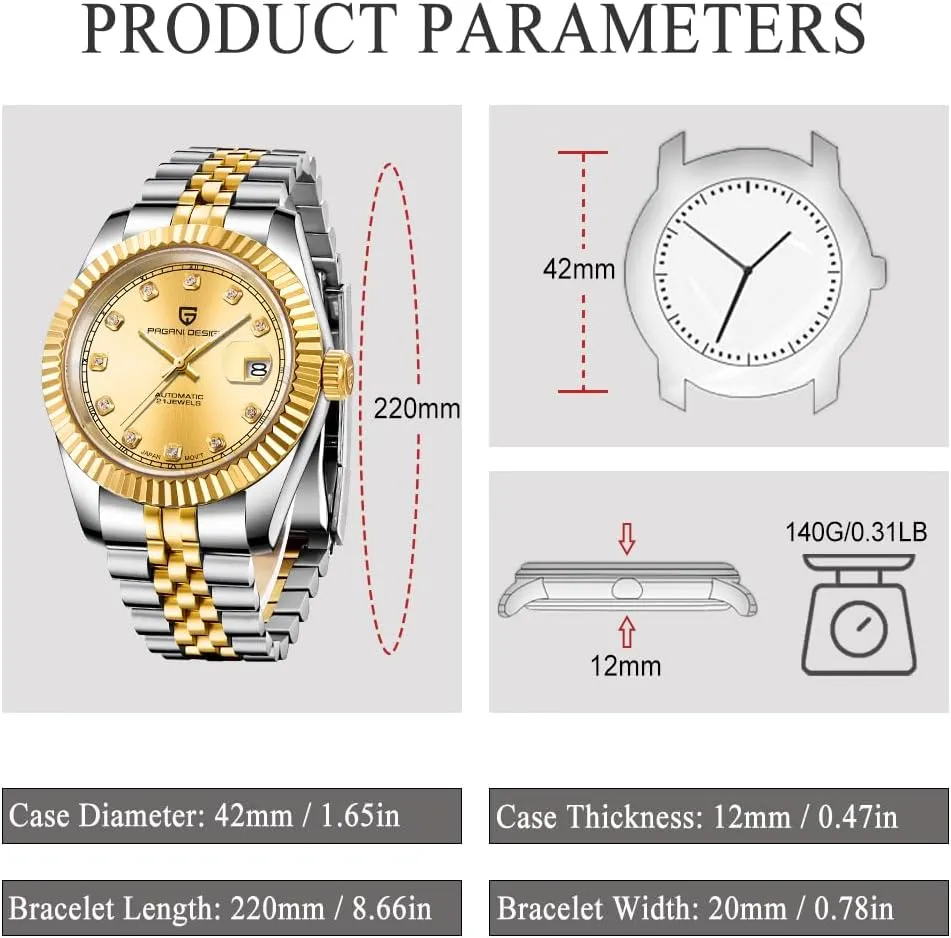 Stair Shape Bezel 100M Water Resistant Men's Wrist urchin rush Watches Pagani Design Watches for Men NH35 Movement Automatic Watch Stainless Steel Sapphire Glass 42MM 