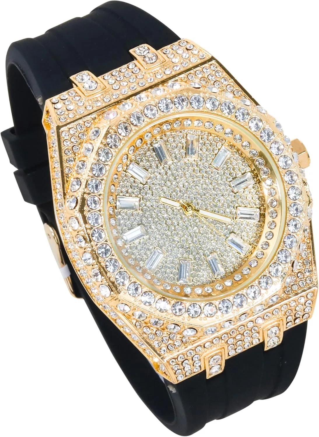 STAR Men's 43mm Iced Out Octagon Watch ?C Silicone Band, woody version Baguette Dial, Quartz Movement, Luxury Hip-Hop Style ICE 