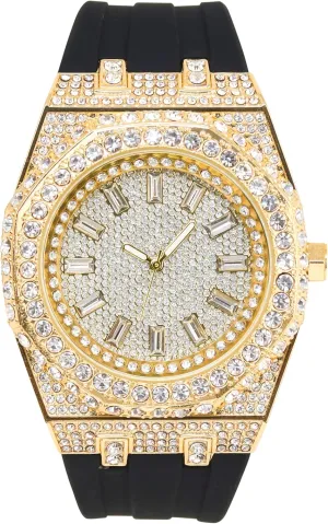 STAR Men's 43mm Iced Out Octagon Watch ?C Silicone Band, woody version Baguette Dial, Quartz Movement, Luxury Hip-Hop Style ICE 