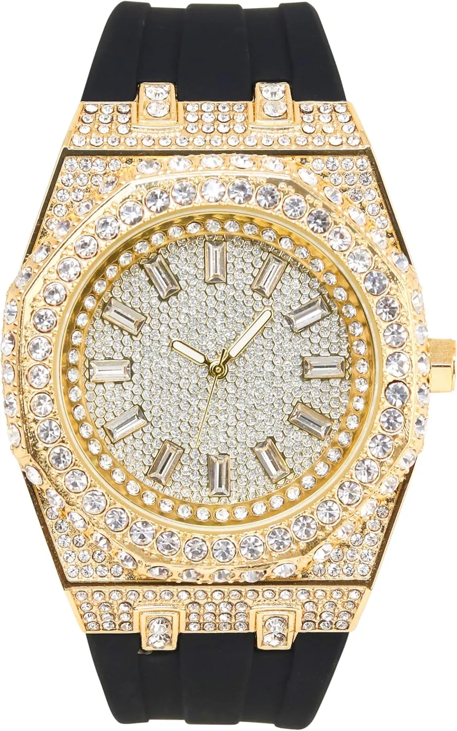 STAR Men's 43mm Iced Out Octagon Watch ?C Silicone Band, woody version Baguette Dial, Quartz Movement, Luxury Hip-Hop Style ICE 