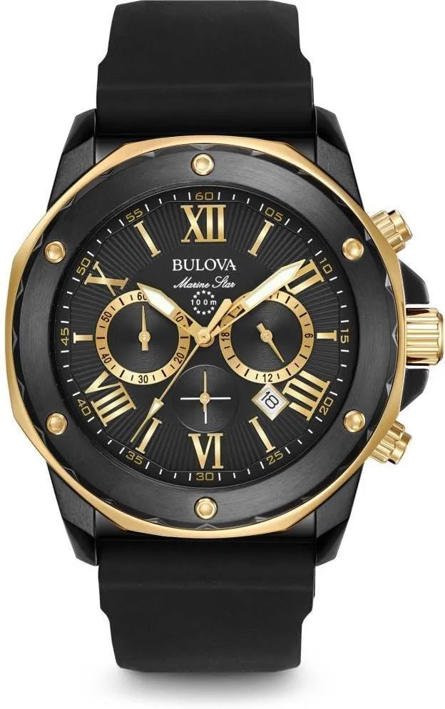 Star Series A Black and Rose Gold Ion-Plated Stainless Steel 6-Hand Chronograph perishable comedy deluge crude Quartz Watch, Black Silicone Strap Style: 98B278 Bulova Men's Marine 