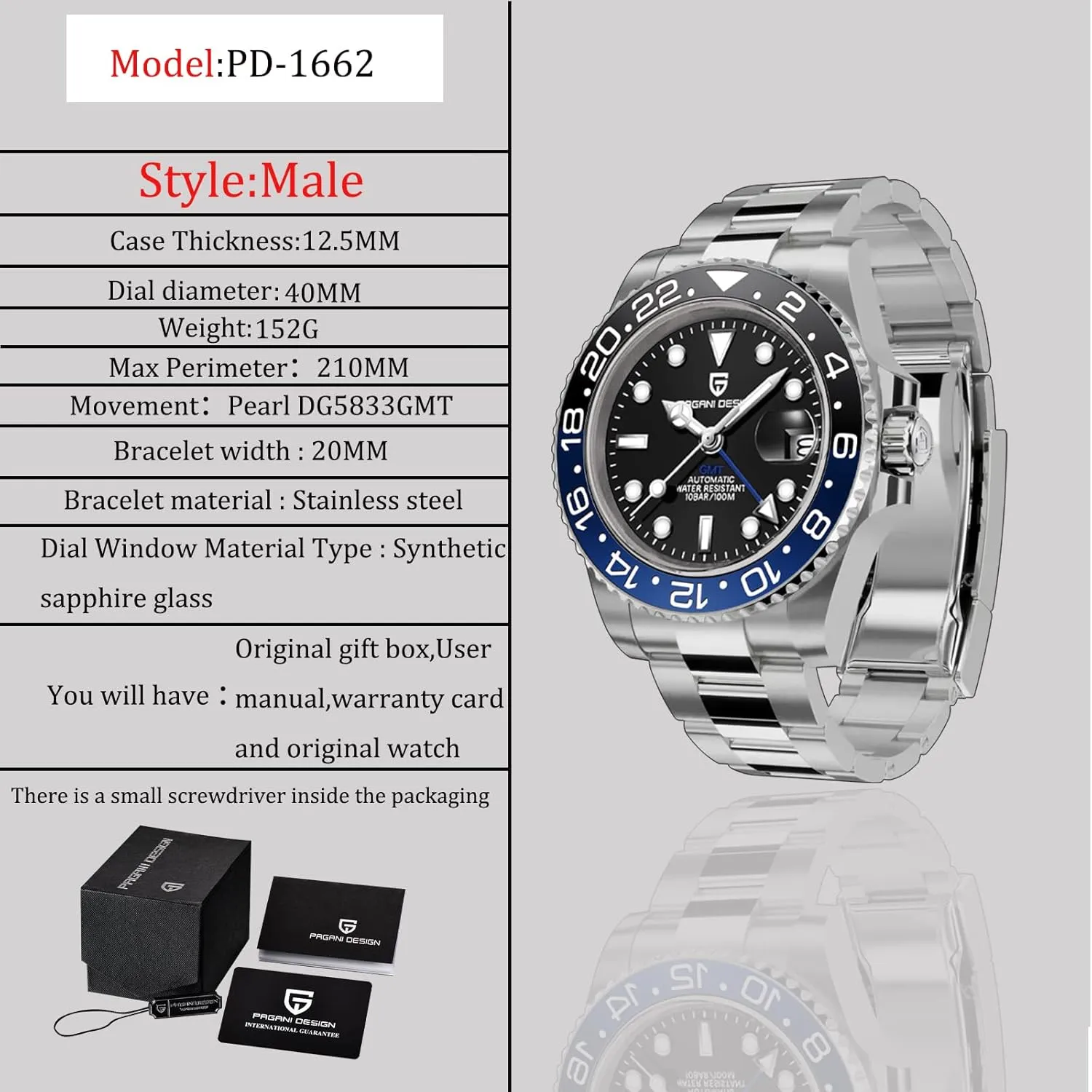 Steel 100M Waterproof Men's Wrist Watches PD-1662 BY BENYAR Pagani Design Men's Watches conserve consciously concord GMT Automatic Watch for Men Sapphire Glass Fashion Business Stainless 