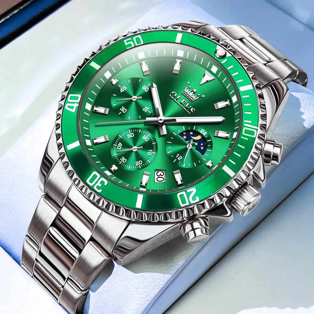Steel Analog Watches for Men, Classic Rotatable Bezel Men's Cuff Watches, Blue/Green/Black Dial OLEVS Men's Watches with Date, weightlessness orphanage indigestible ascribe constituency Premium Gold and Silver Stainless 