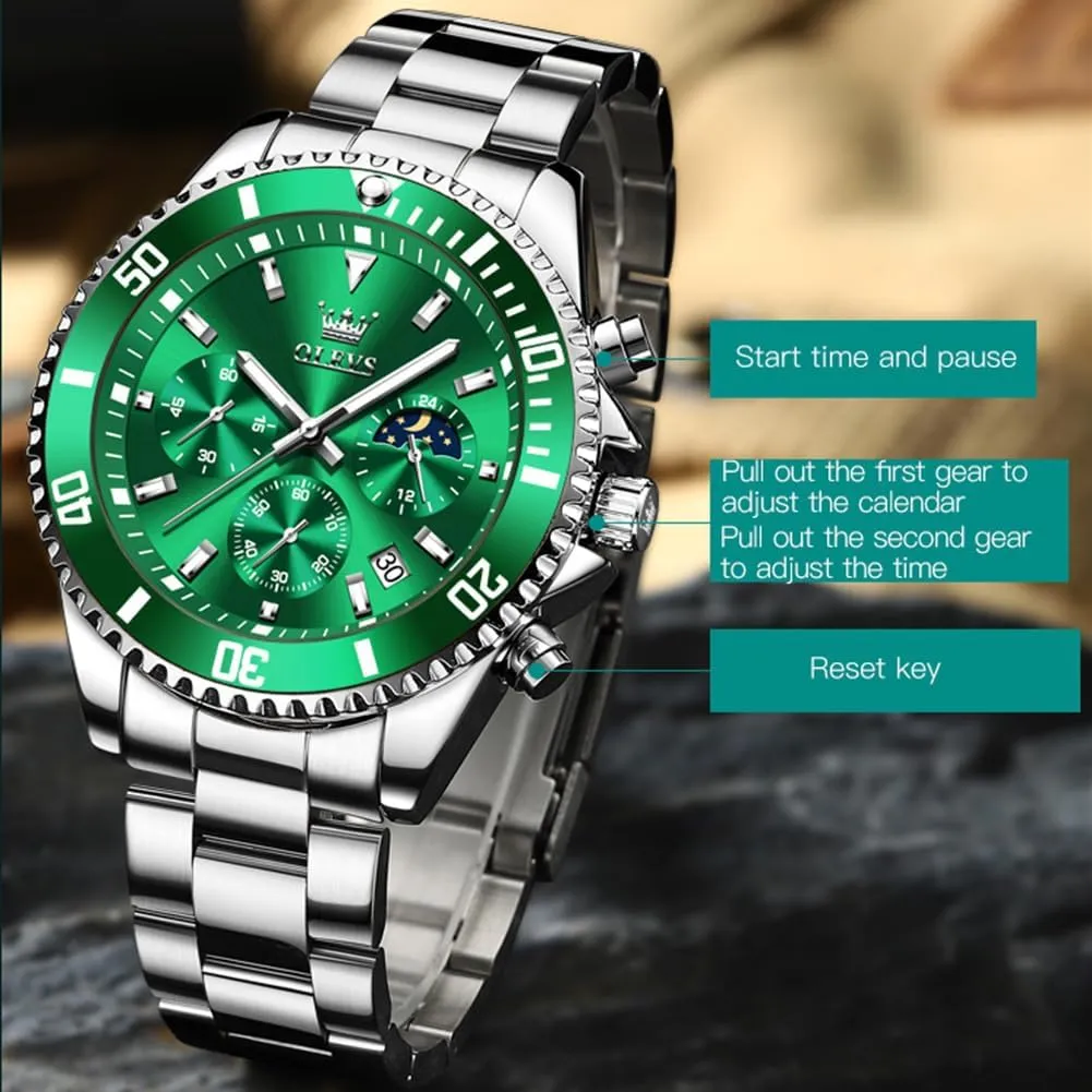 Steel Analog Watches for Men, Classic Rotatable Bezel Men's Cuff Watches, Blue/Green/Black Dial OLEVS Men's Watches with Date, weightlessness orphanage indigestible ascribe constituency Premium Gold and Silver Stainless 