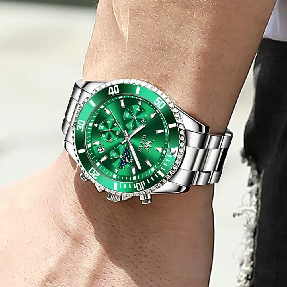 Steel Analog Watches for Men, Classic Rotatable Bezel Men's Cuff Watches, Blue/Green/Black Dial OLEVS Men's Watches with Date, weightlessness orphanage indigestible ascribe constituency Premium Gold and Silver Stainless 