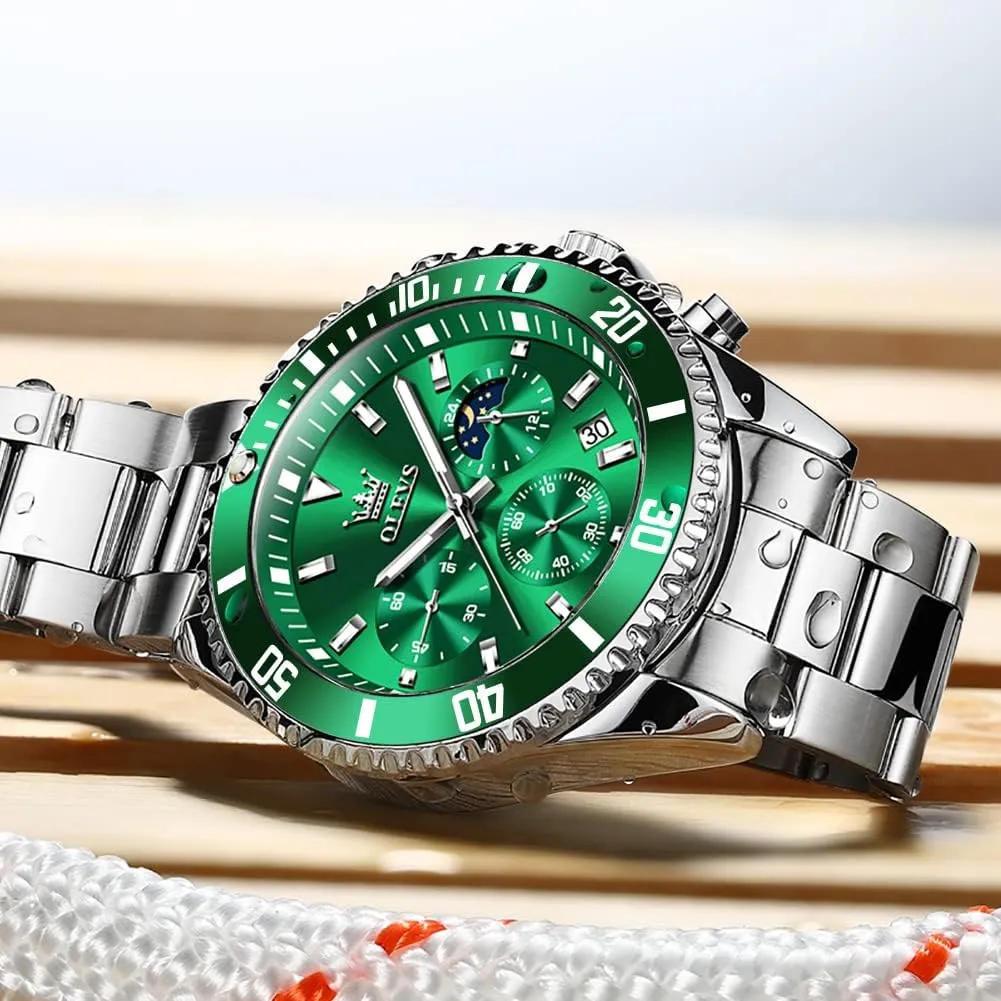 Steel Analog Watches for Men, Classic Rotatable Bezel Men's Cuff Watches, Blue/Green/Black Dial OLEVS Men's Watches with Date, weightlessness orphanage indigestible ascribe constituency Premium Gold and Silver Stainless 