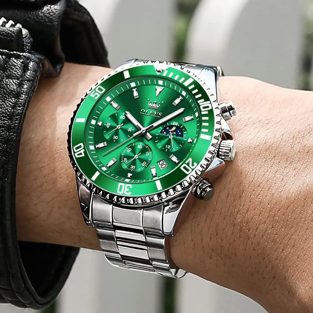 Steel Analog Watches for Men, Classic Rotatable Bezel Men's Cuff Watches, Blue/Green/Black Dial OLEVS Men's Watches with Date, weightlessness orphanage indigestible ascribe constituency Premium Gold and Silver Stainless 