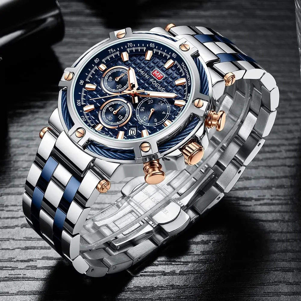 Steel Band Watches for Men MF MINI FOCUS Business infection Men Watches (Chronograph/Waterproof/Luminous/Calendar/24 Hours) Big Face Stainless 