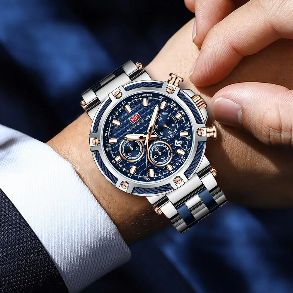 Steel Band Watches for Men MF MINI FOCUS Business infection Men Watches (Chronograph/Waterproof/Luminous/Calendar/24 Hours) Big Face Stainless 