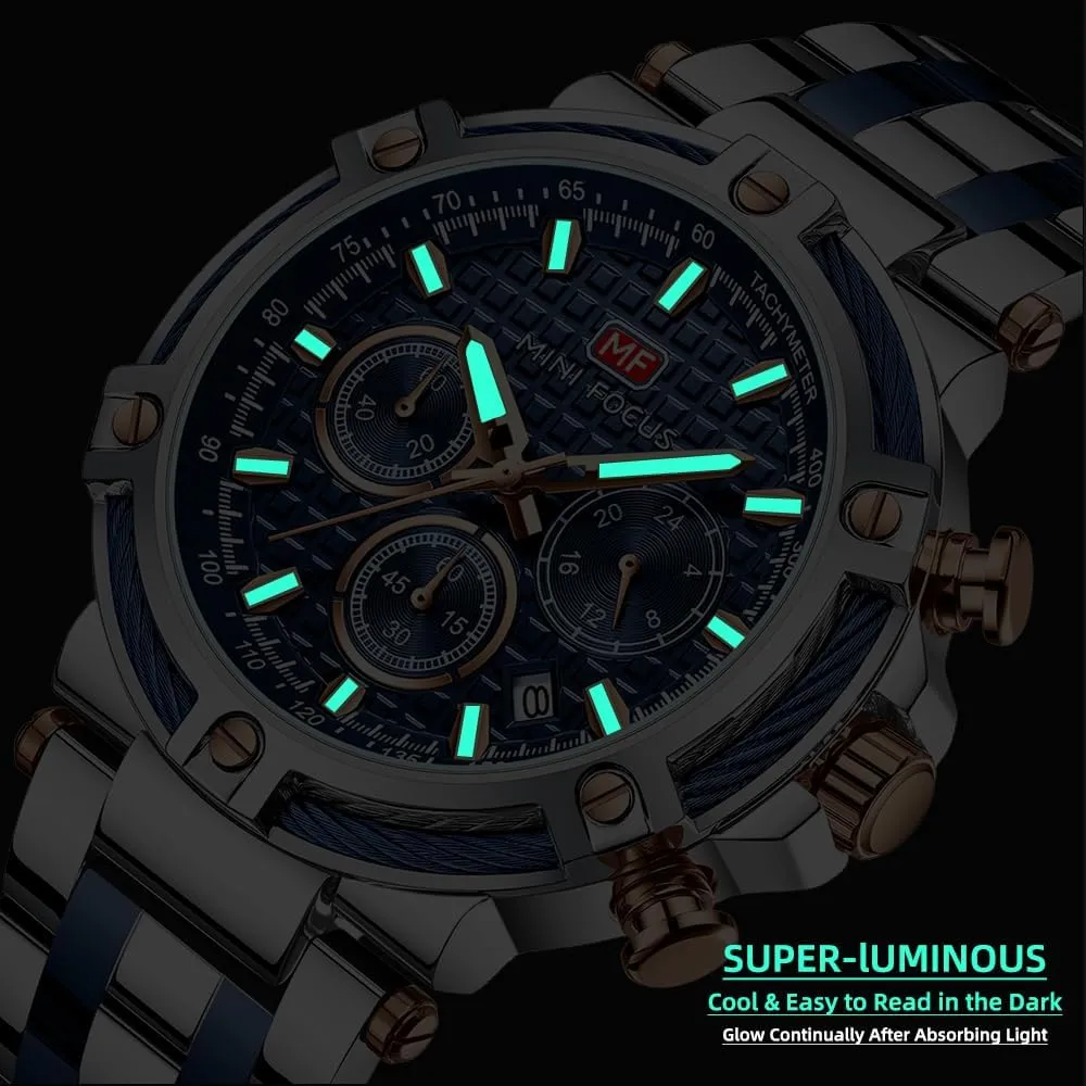 Steel Band Watches for Men MF MINI FOCUS Business infection Men Watches (Chronograph/Waterproof/Luminous/Calendar/24 Hours) Big Face Stainless 