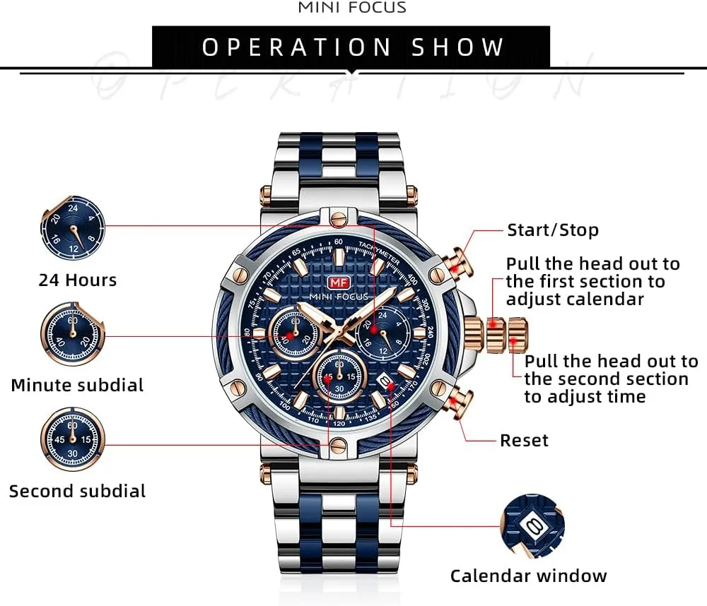 Steel Band Watches for Men MF MINI FOCUS Business infection Men Watches (Chronograph/Waterproof/Luminous/Calendar/24 Hours) Big Face Stainless 